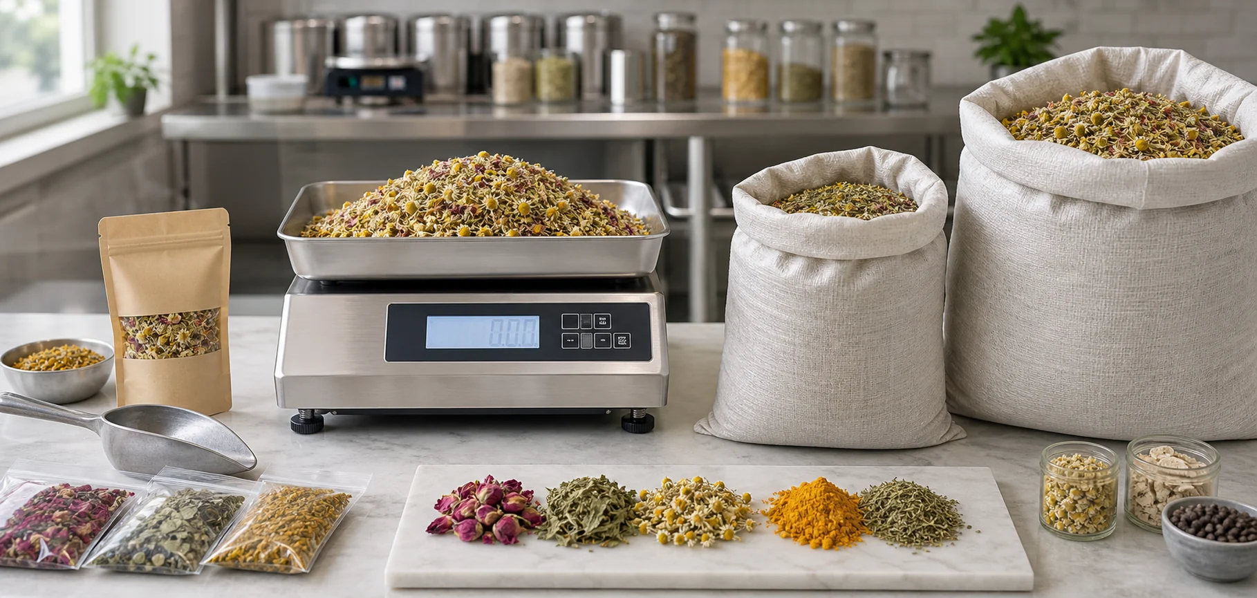 Bulk botanicals being weighed for quantity-based pricing